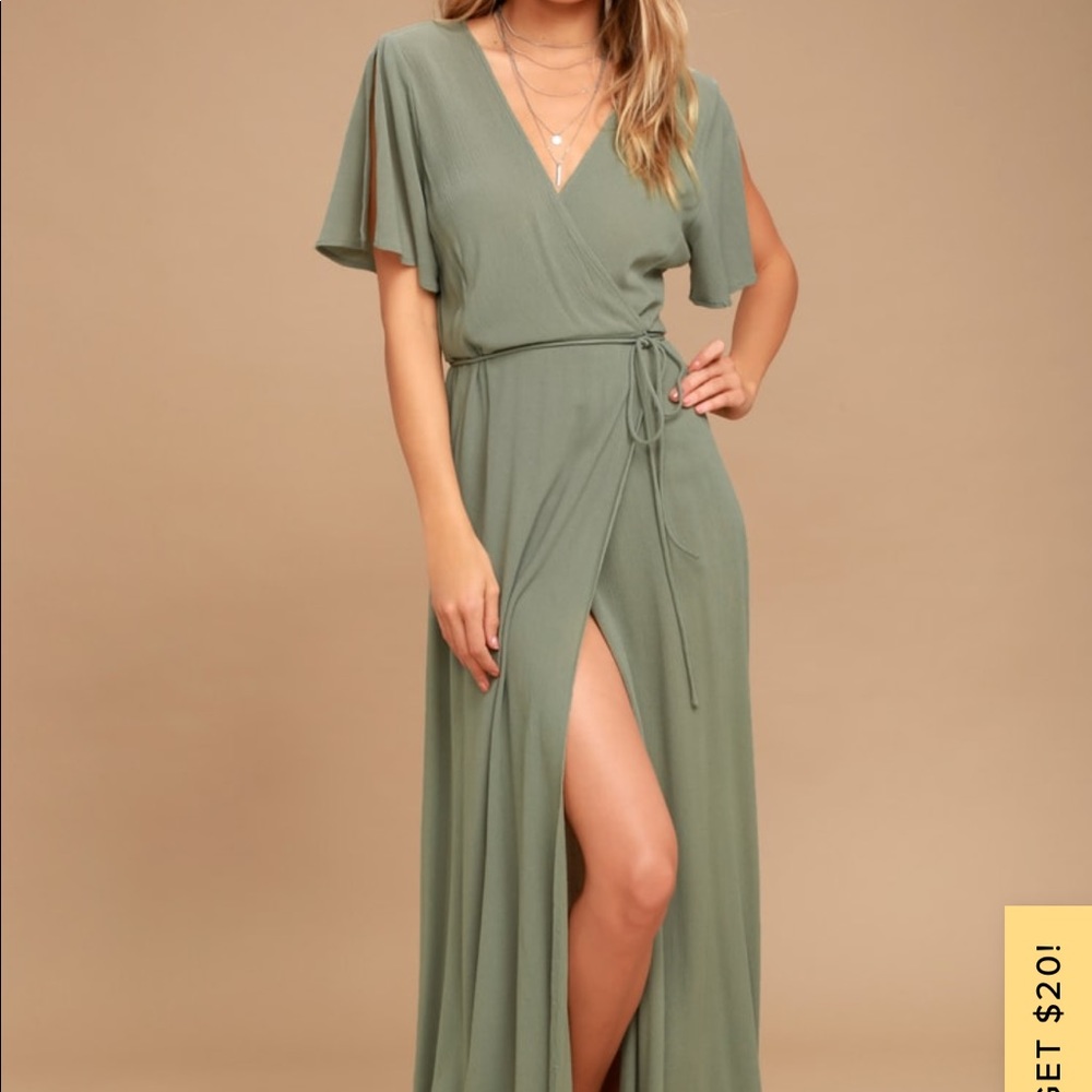 Much Obliged washed olive Green wrap maxi dress